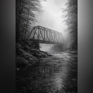 8x10 Photo Print – Iron Truss Bridge in Fog – Black & White Landscape Glossy